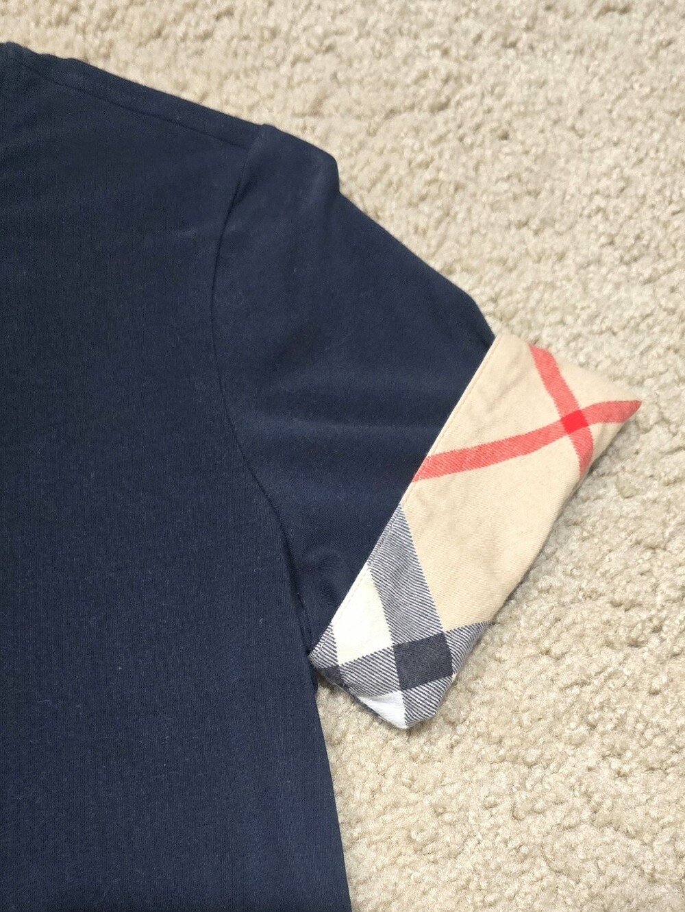 BURBERRY BRIT Shirt Blue Cotton Short Sleeve Nova Check Cuff Navy Blue Sz Medium - Picture 2 of 5